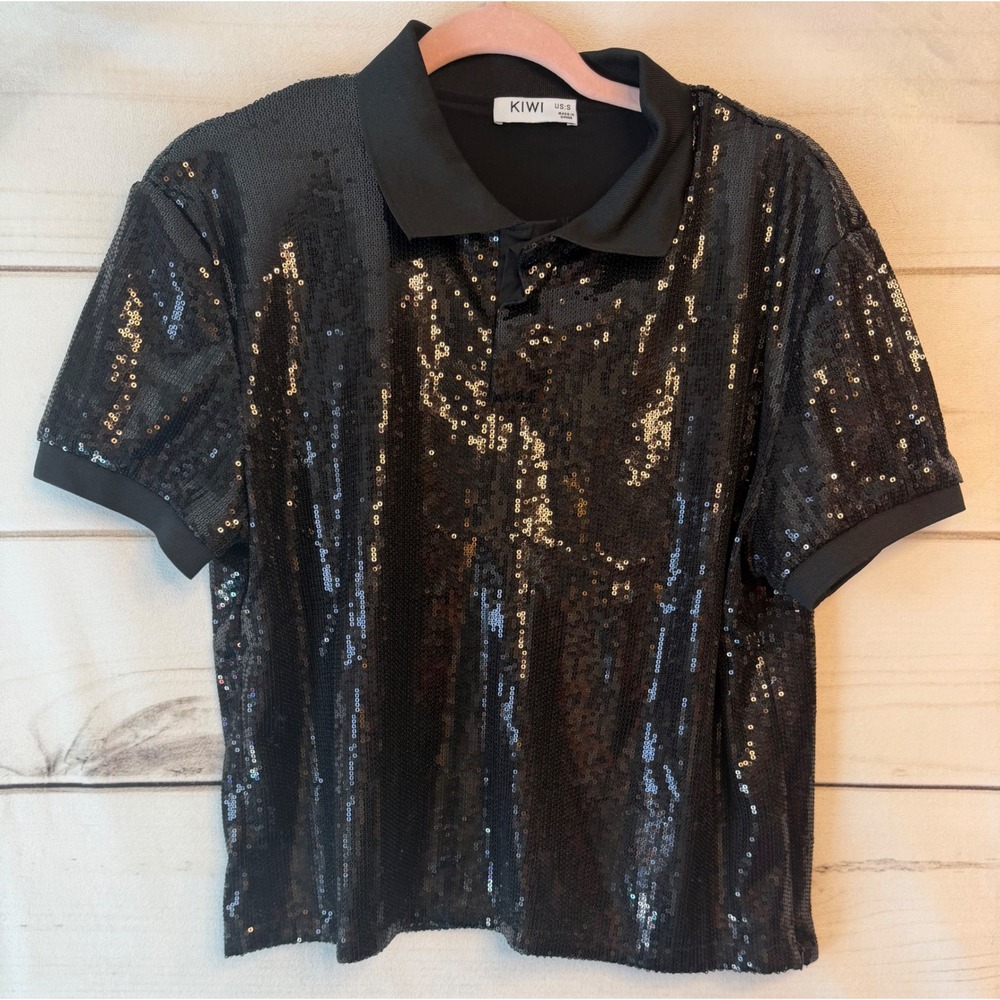 KIWI Black Sequin Polo Shirt Short Sleeve Sparkly Party Top Womens Small